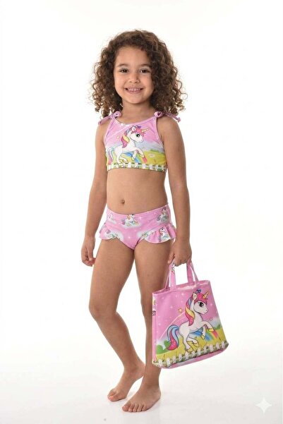 Mother Choise Kız Çocuk Çantalı Unicorn Pembe Bikini Takımı