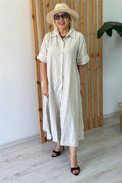 By Esra Celkan Beige Crispy Floral Puffy Imported Cotton Shirt Dress