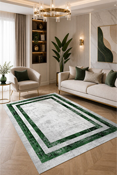 Bordo Halı Modern Yeşil Çerçeve Desenli Krem Antrasit Salon Mutfak Yatak Odas...