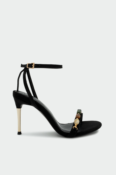 LAMİNTA Jita Natural Stone Detailed Women's Black Satin Heeled Shoes