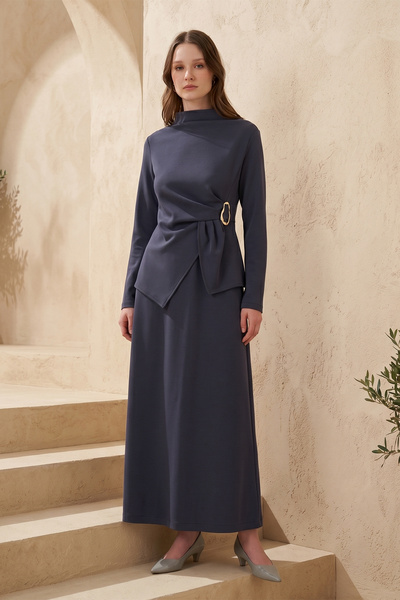Nuss Degaje Collar Accessory Detailed Skirt Suit 1080 Navy Blue