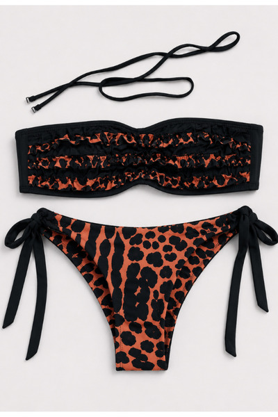 Nobrand Costum de Baie Bandeau Animal Print Orange & Black – Cu Bretea Detașa...