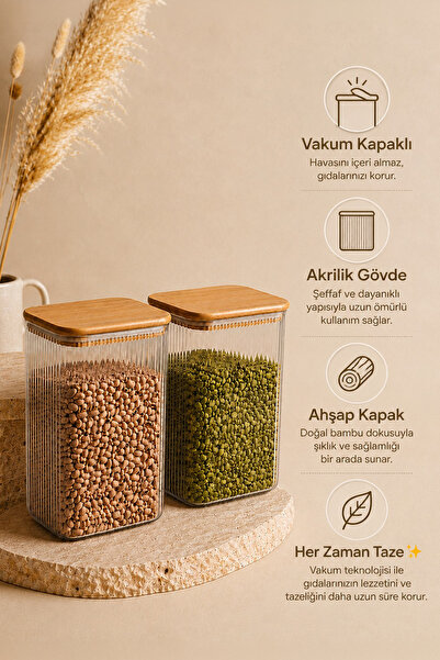 Kitchen Life Set of 2 Large Vacuum Rectangular Jars with Wooden Lids and Labe...