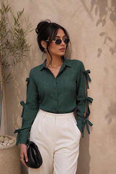 armonika Women's Dark Green Shirt with Slit Sleeves and Lace Detail Arm-26Y00...