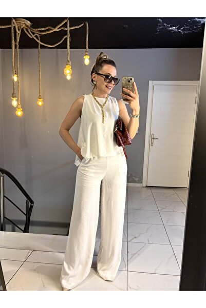 Gözde Tasarım Butik White Color 100% Cotton Pocketed Wide-Leg Linen Pants
