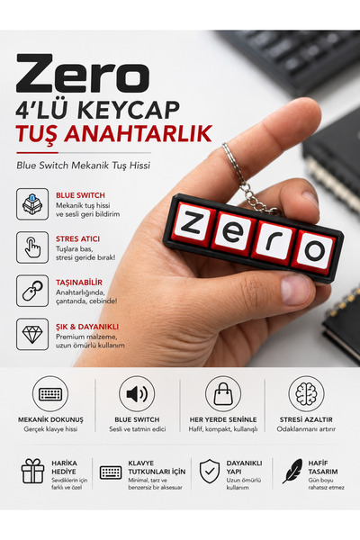 ZERO 4-Piece Keycap Keychain – Blue Switch Mechanical Key – Stress Reliever Click Clack Keyboard Keychain