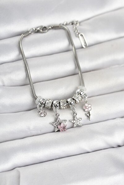 İsmiyle Al Brass Silver Color Star and Flower Detailed Charm Women's Bracelet