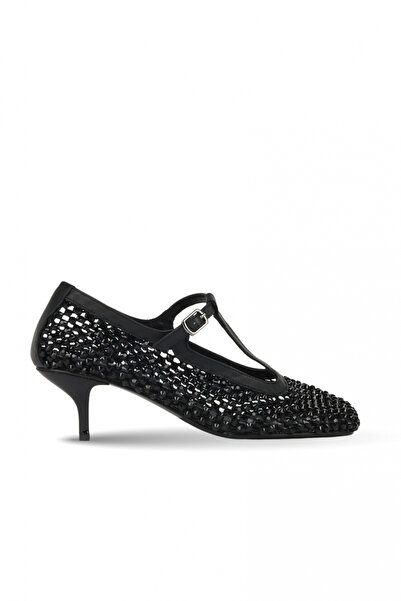 BUENO Black stone embellished leather women's heeled sandals