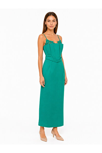 Shamouk Women's Emerald Green Spaghetti Strap Corset Detail Lace Trim Belted ...