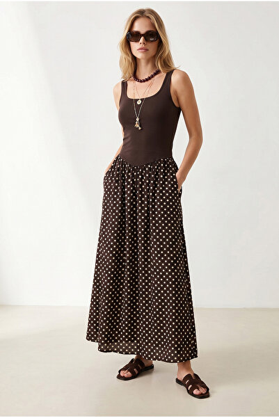 Olalook Women's Brown Strappy Polka Dot Detailed Long Dress Elb-19002658
