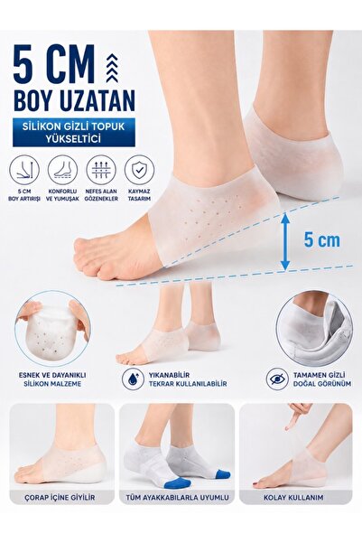 Peddy 5 cm Silikon Boy Uzatıcı Çorap Gizli Topuk Yükseltici Tabanlık Beyaz - ...