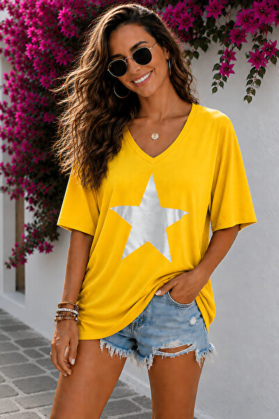 ArtYus Star Printed V-Neck Unisex Oversize T-Shirt – Cotton Loose Casual T-Shirt