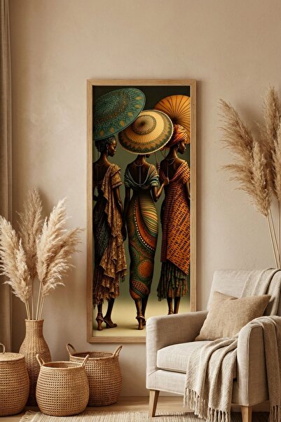 FourArts Afrikalı Kadınlar Şemsiyeli Çerçeveli Dekoratif Tablo 25x60 cm Dikey...