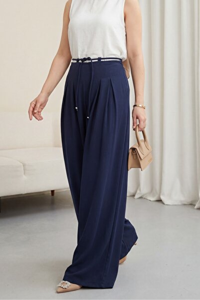 Modamorfo Lace-Up Pleated Wide-Leg Imported Crepe Trousers - Navy Blue