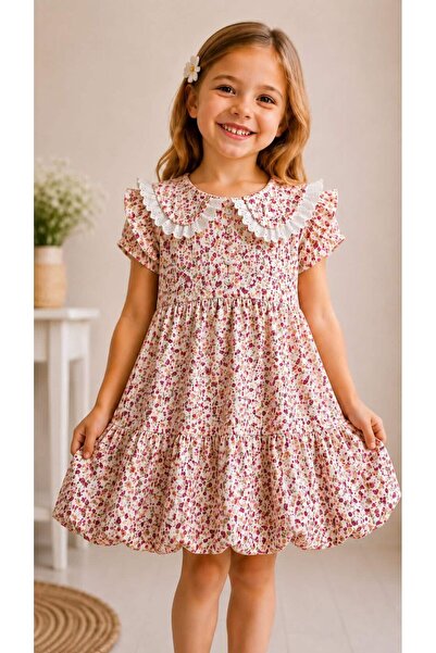 Kuzucuk Kids Bebek Çocuk Butik Bayramlık kız çocuk Çicekli Elbise 3-10 yaş