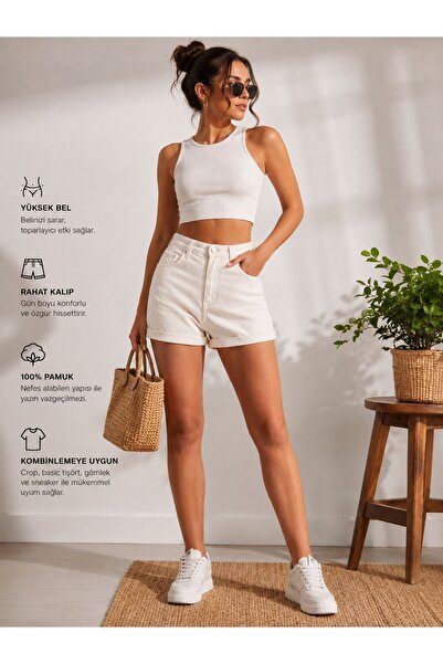 Darkly Jeans Kadın Ecru Yüksek Bel Denim Şort