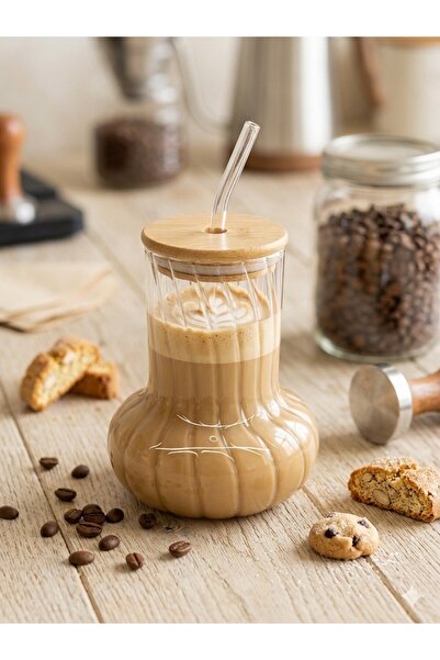 ENAVM Cam Kahve Ve Meşrubat Bardağı Bambu Kapaklı Ve Cam Pipetli 250 ml