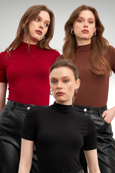 Bipantolon Women's 3-Pack Black Bitter Coffee Burgundy Short Sleeve Blouse