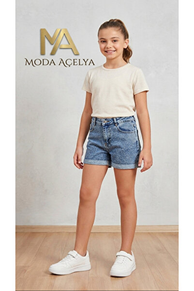 MODA AÇELYA Kız Çocuk Taş İşlemeli Kot Şort