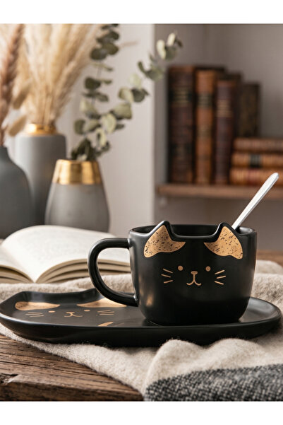 Bam Cat Design Ceramic Mug with Presentation Plate and Spoon and Gold Detail