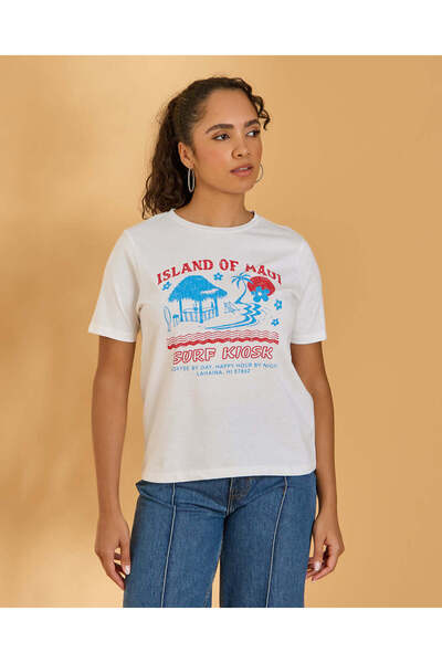 REDTAG Women White Island Graphic T-Shirt
