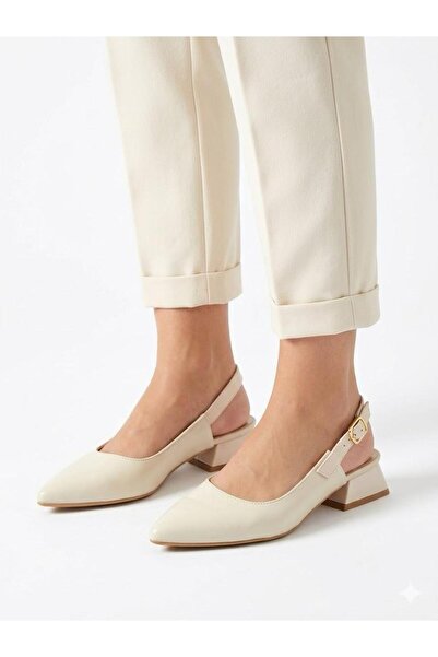 Lütfi Women's Cream Thick Heel Comfortable Fit Heeled Ballerina Shoes