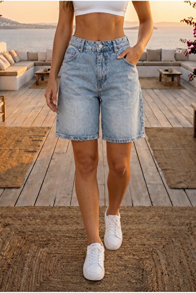 BİKELİFE Women's Vintage Effect High Waist 5-Pocket Straight Fit Shorts Jeans