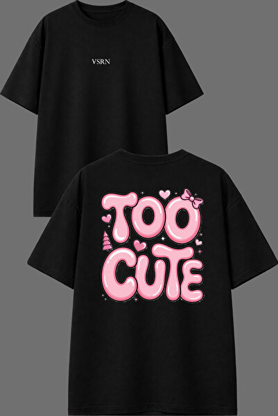 VSRN Too Cute Design Front and Back Printed Black Oversize T-Shirt