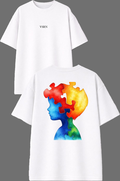 VSRN Puzzle Design for Kids Front and Back Printed White Oversize T-Shirt