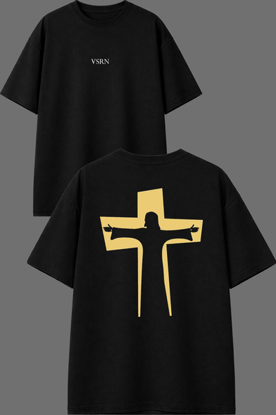 VSRN Haç İşareti Tasarım Ön Arka Baskılı Siyah Oversize T shirt