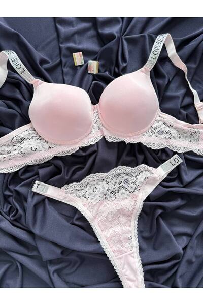 İNKO İÇ GİYİM Micro Lace Detailed Stoned Padded Support Bra and Thong Set