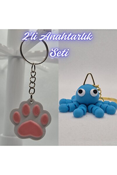3DAtölyeMaker Light Pink Cat Paw and Light Blue Confused Octopus Keychain