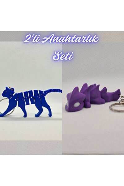 3DAtölyeMaker Blue Flexible Cat and Purple Flexible Dragon Keychain