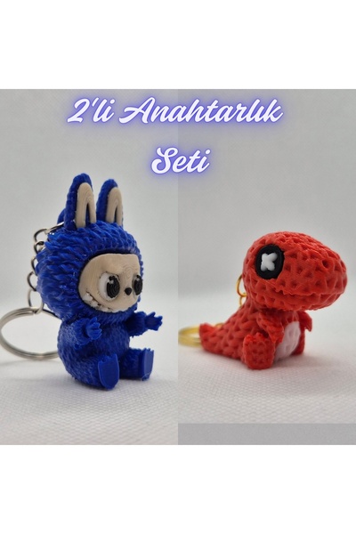 3DAtölyeMaker Blue Labubu and Red Knitted Pattern Moving Dino Keychain