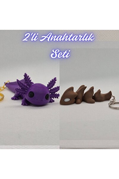 3DAtölyeMaker Purple Flexible Big Axolotl and Dark Brown Flexible Dragon Keyc...