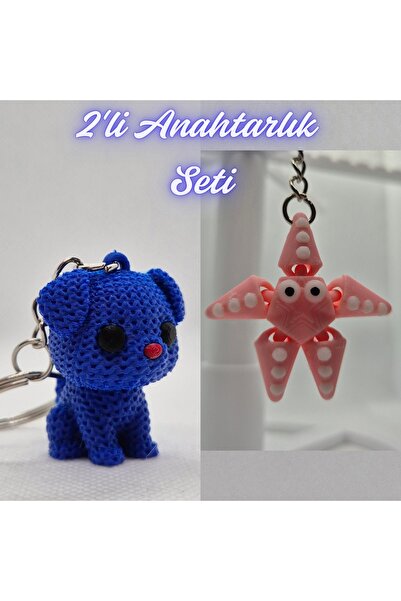 3DAtölyeMaker Blue Knitted Patterned Dog and Pink Moving Starfish Keychain