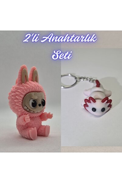 3DAtölyeMaker Light Pink Labubu and Light Pink Flexible Axolotl Keychain