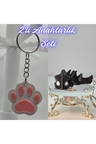 3DAtölyeMaker Light Pink Cat Paw and Black Flexible Dragon Keychain