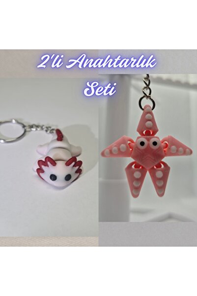 3DAtölyeMaker Light Pink Flexible Axolotl and Pink Moving Starfish Keychain