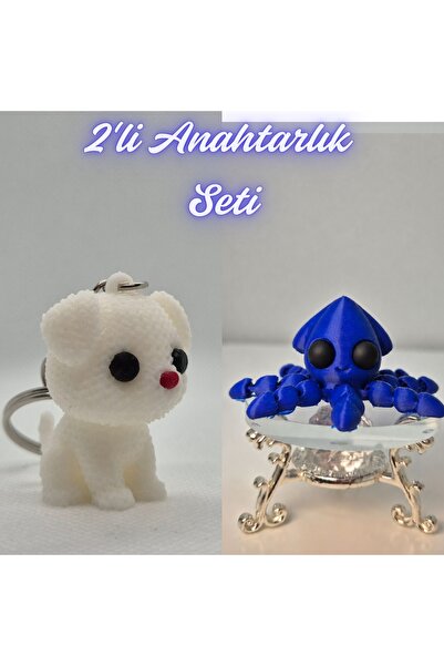 3DAtölyeMaker White Knitted Patterned Dog and Blue Squid Keychain