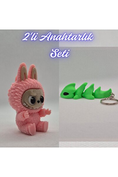 3DAtölyeMaker Light Pink Labubu and Green Flexible Dragon Keychain