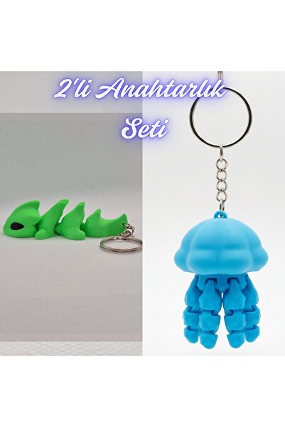 3DAtölyeMaker Green Flexible Dragon and Light Blue Moving Jellyfish Keychain