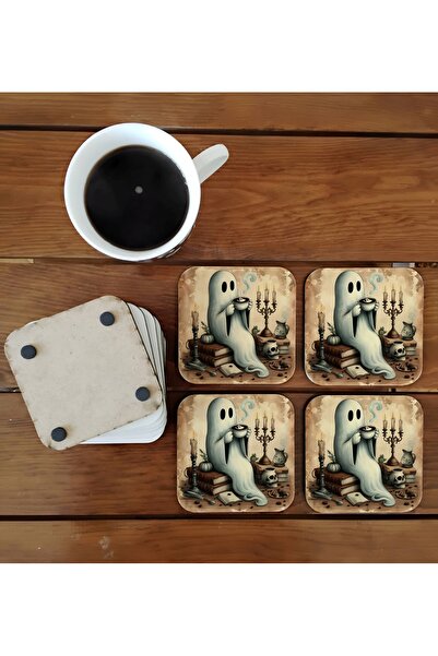 Ghostbastır Ghost Decorative Wooden Coaster Set 063