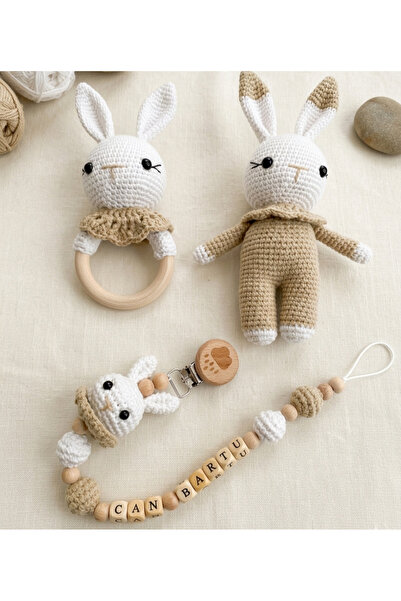 Taze Kal Yenidoğan Organik Amigurumi Tavşan - Kişiye Özel İsimli Emzik Zincir...