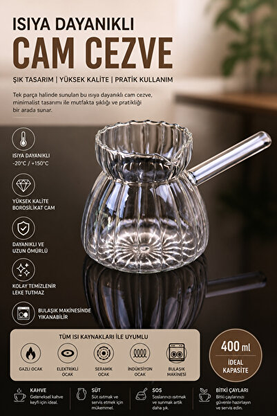 Bayguru Cam Cezve 400 ml Bitki Çayı Süt Isıtma ve Sosluk