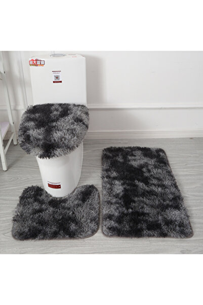 Choice4 Black Grey Toilet Seat Cover 3Pcs Set Bath Mat Shower Room Floor Rug ...