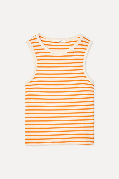Mudo Women's Orange Striped Fitted Crew Neck Tank Top