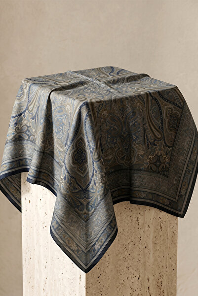 FERHEL Eșarfă premium cu model etnic Paisley, stil hijab, 120 x 120 - Albastr...