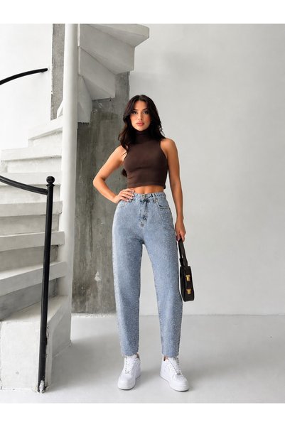 KENE JEANS Ice Cold Cut Stone-Embellished Mom Denim Pants