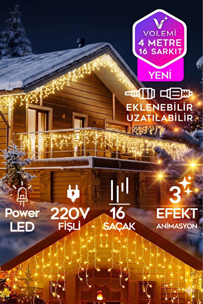 VOLEMİ 4 Metre Sarı Sarkıt Led Işık - 16 Saçak, Eklenebilir, 3 Efektli Fişli ...